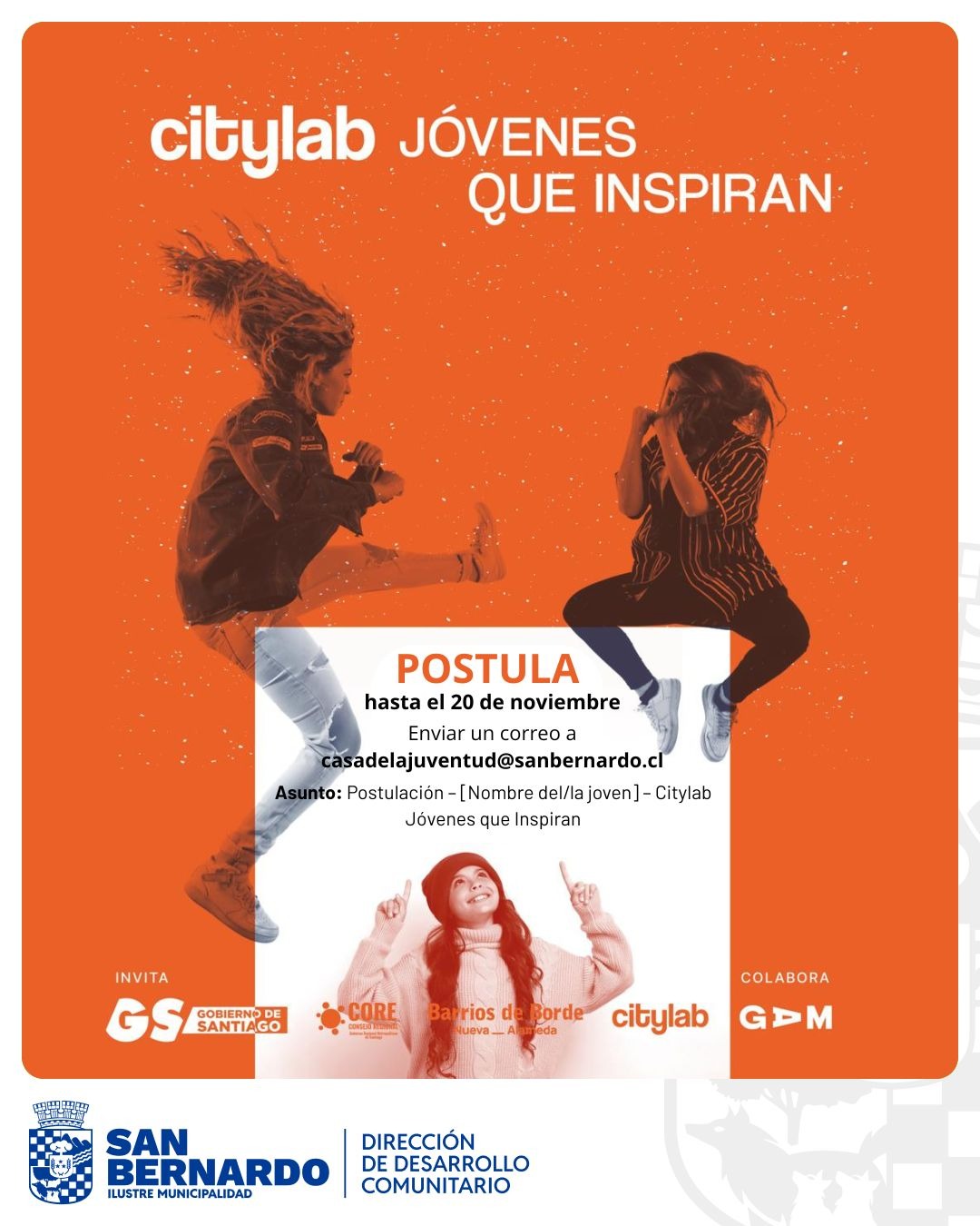 Afiche oficial de la convocatoria Jóvenes que Inspiran 2025 de Citylab y el GAM.