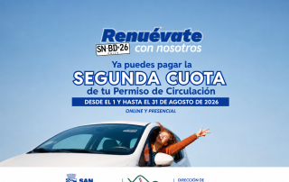 Informativo municipal sobre el pago de la segunda cuota del Permiso de Circulación 2026 en San Bernardo entre el 1 y el 31 de agosto.