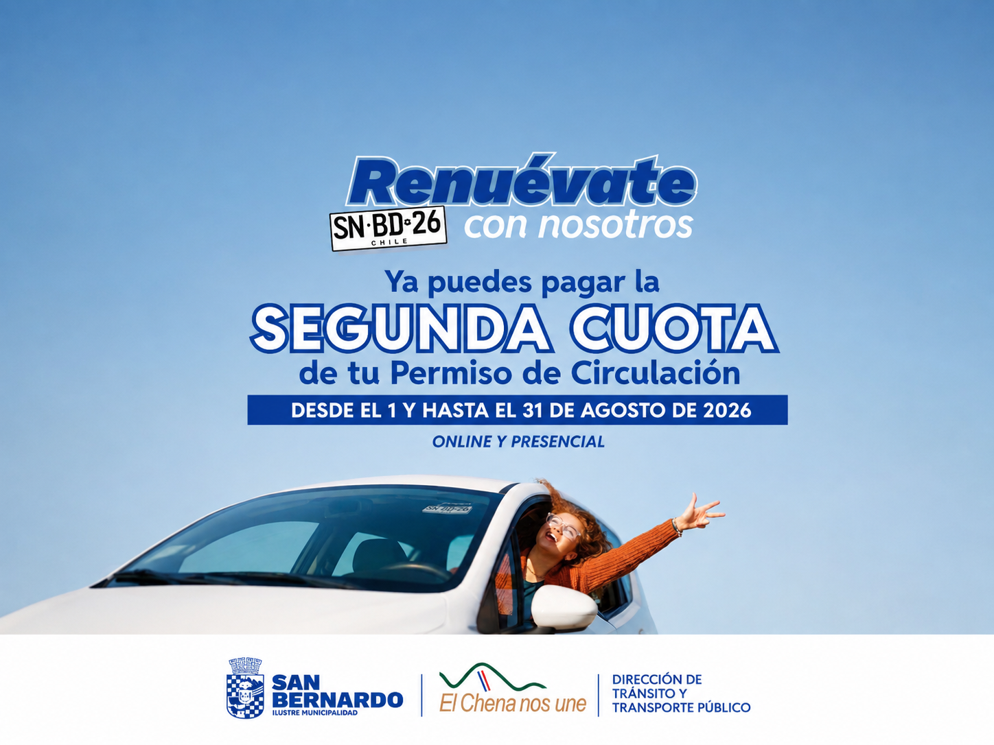 Informativo municipal sobre el pago de la segunda cuota del Permiso de Circulación 2026 en San Bernardo entre el 1 y el 31 de agosto.