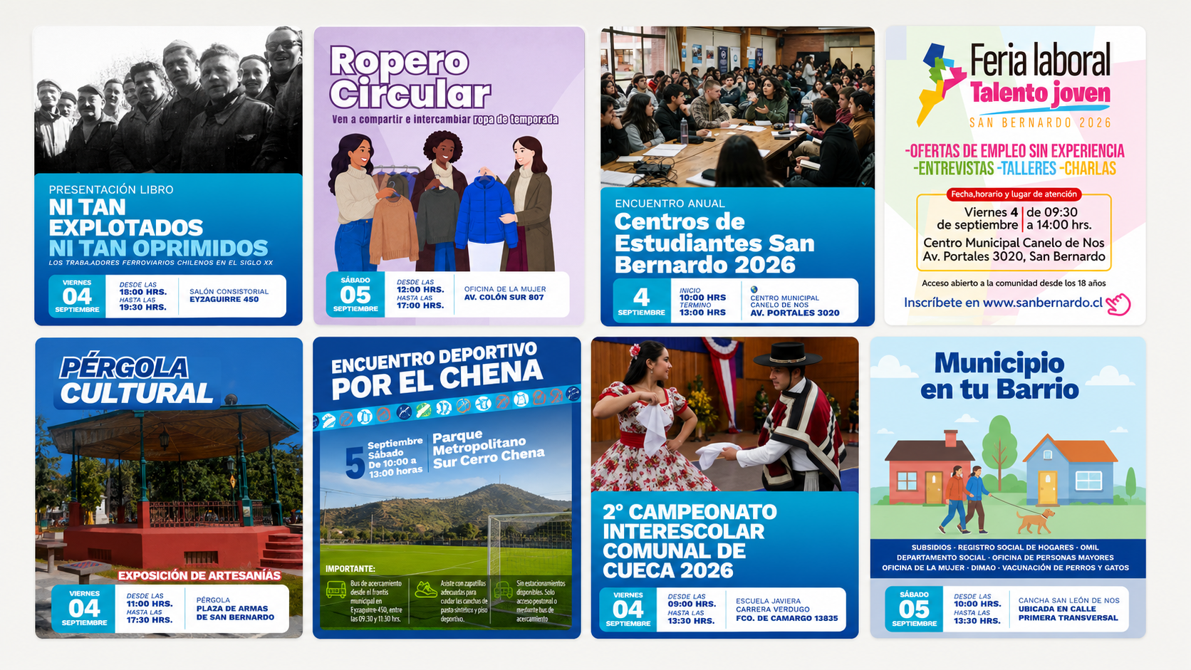 Actividades en San Bernardo durante el viernes 4 y sábado 5 de septiembre, con panoramas culturales, deportivos, laborales y servicios municipales.